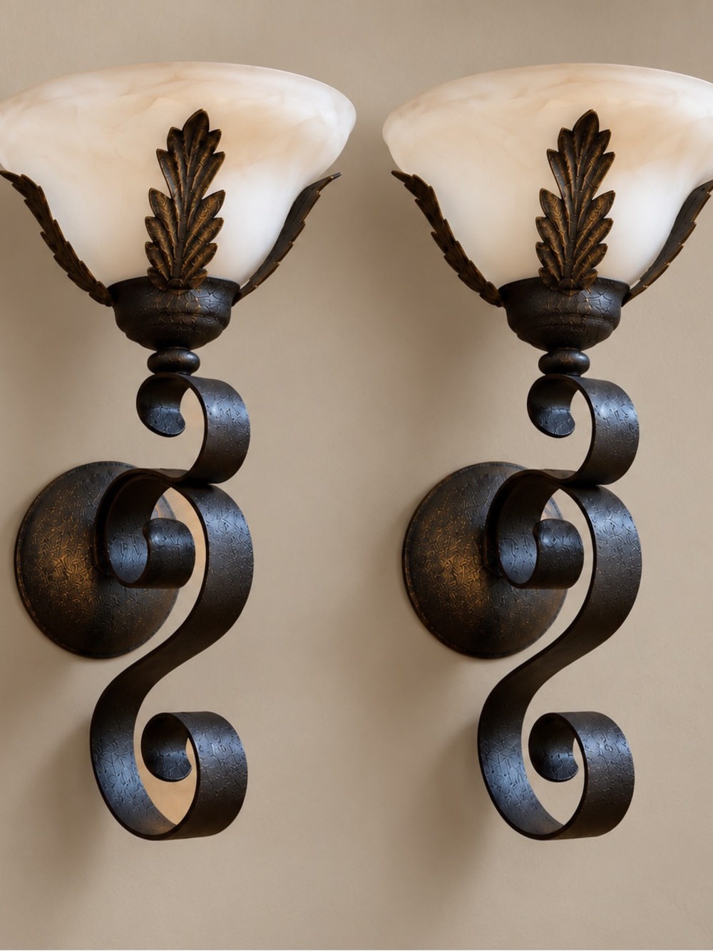 Vintage Home Interiors Wall Sconces Pair Alabaster Glass 17”